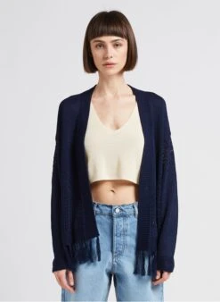 Ikks Blue Fringed Openwork Open Cardigan