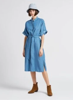 Sessun JOY - Blue Midi Dress With Classic Collar -Morganmai Store 4189684