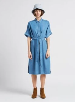 Sessun JOY - Blue Midi Dress With Classic Collar -Morganmai Store 4189686