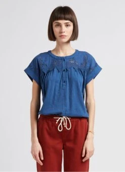 MAISON 123 CELENA - Faded Jeans Cotton T-shirt With Embroidered Neckline