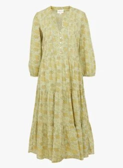 MAISON 123 GOELIA R - Green Long Floral Print Cotton Henley Dress -Morganmai Store 4189934