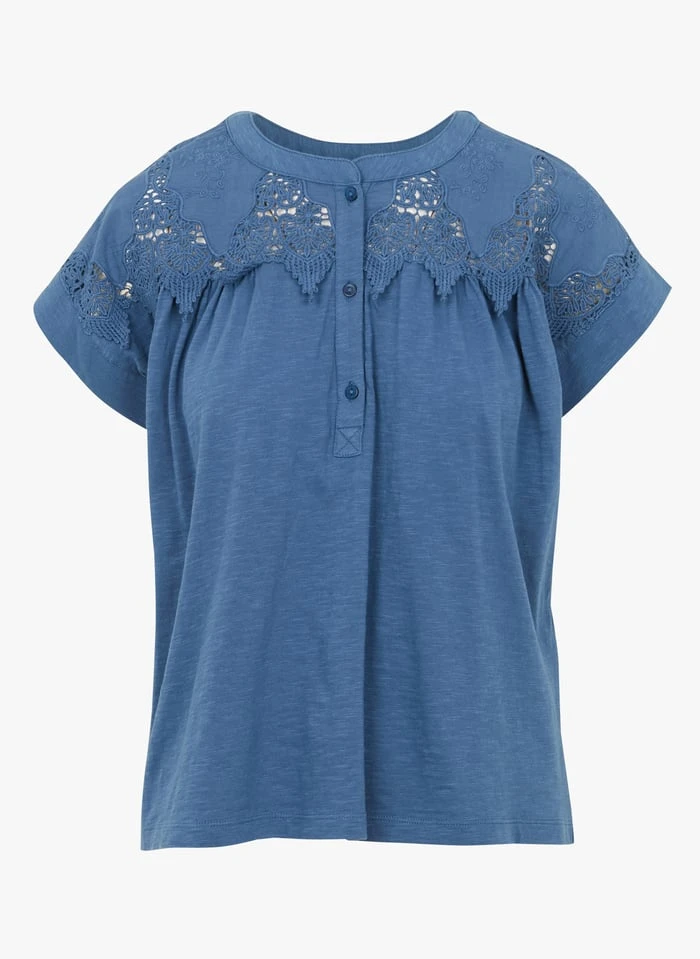MAISON 123 CELENA - Faded Jeans Cotton T-shirt With Embroidered Neckline 3 MAISON 123 CELENA - Faded Jeans Cotton T-shirt With Embroidered Neckline - Image 3