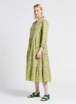 MAISON 123 GOELIA R - Green Long Floral Print Cotton Henley Dress -Morganmai Store 4209875