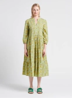 MAISON 123 GOELIA R - Green Long Floral Print Cotton Henley Dress