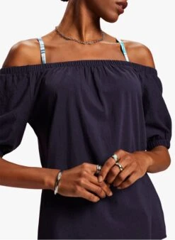 ESPRIT Blue Embroidered Cotton Top With Round Neck -Morganmai Store 4210612