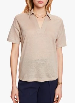 ESPRIT Beige Linen Top With Lapel V-neck