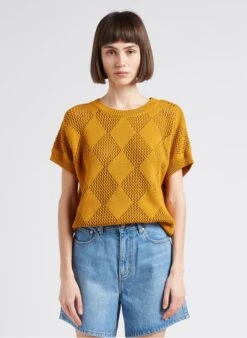 MAISON 123 MARIELLE - Yellow Round-neck Cotton-blend Top -Morganmai Store 4217392