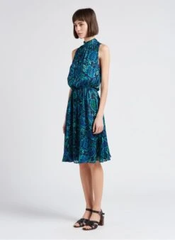 Ikks Blue Round-neck Floral Print Midi Dress -Morganmai Store 4217701