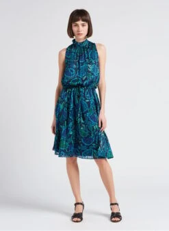 Ikks Blue Round-neck Floral Print Midi Dress -Morganmai Store 4217704