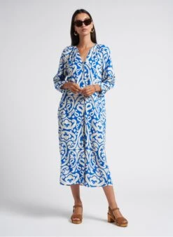 MAISON 123 GAIL R - Blue Printed V-neck Midi Dress -Morganmai Store 4229205