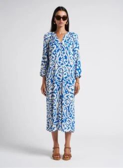 MAISON 123 GAIL R - Blue Printed V-neck Midi Dress