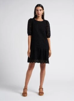 MAISON 123 GLORI - Black Short Straight Cotton-blend Crochet Dress -Morganmai Store 4229221