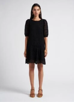 MAISON 123 GLORI - Black Short Straight Cotton-blend Crochet Dress