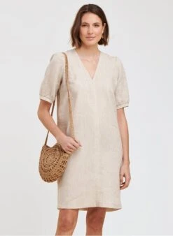 Beige Straight V-neck Linen Dress 11 Beige Straight V-neck Linen Dress -Morganmai Store 4232267