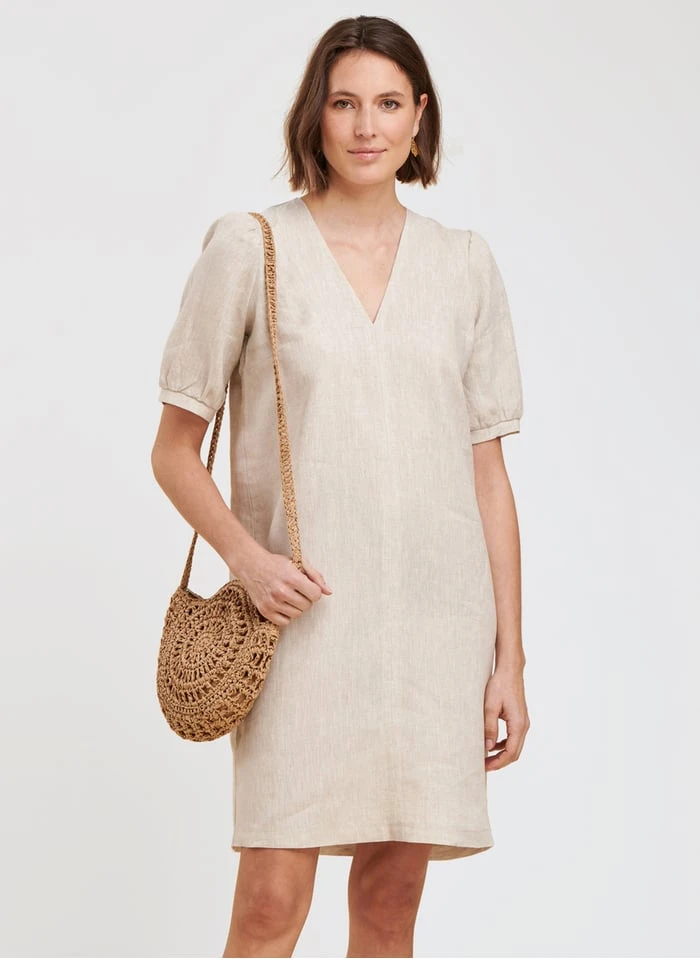 Beige Straight V-neck Linen Dress 6 Beige Straight V-neck Linen Dress - Image 6