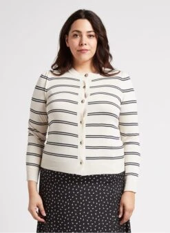 PERSONA MARILU - Beige Striped Knitted Round-neck Cardigan