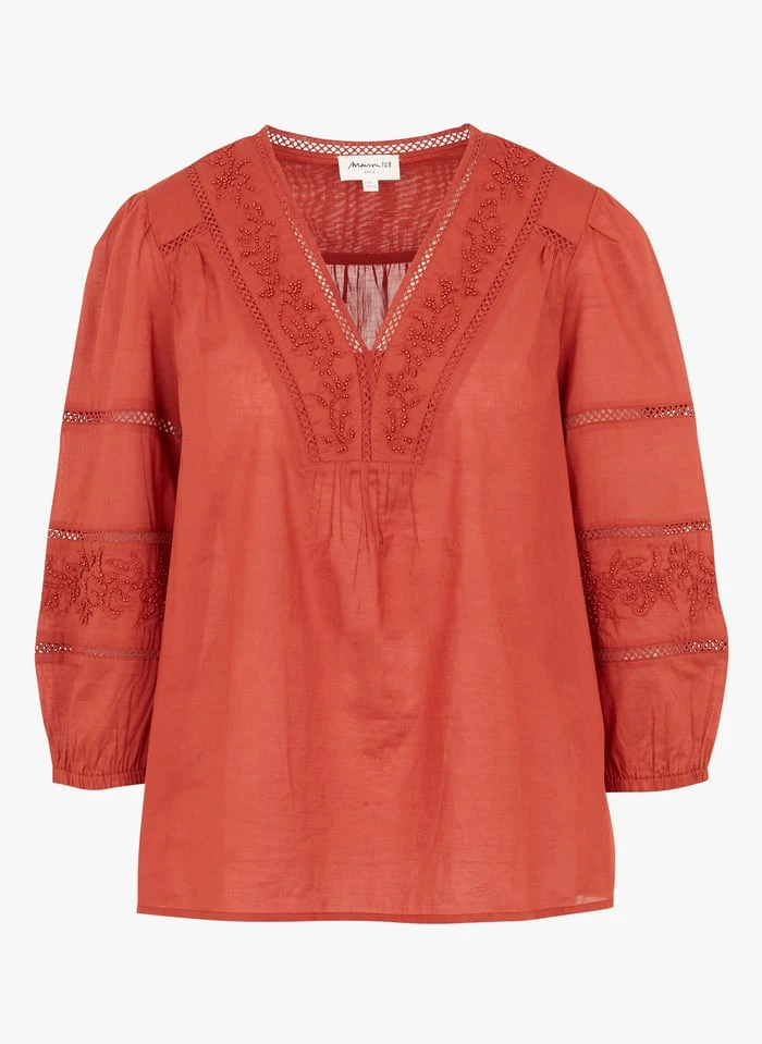 MAISON 123 TALE - Orange Loose-fit Embroidered Cotton V-neck Blouse 3 MAISON 123 TALE - Orange Loose-fit Embroidered Cotton V-neck Blouse - Image 3