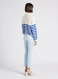 MARINA - Blue Loose-fit Striped Cardigan With Round Neck -Morganmai Store 4244883