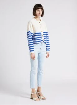 MARINA - Blue Loose-fit Striped Cardigan With Round Neck -Morganmai Store 4244884