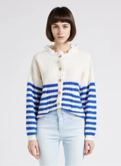 MARINA - Blue Loose-fit Striped Cardigan With Round Neck -Morganmai Store 4244886