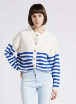 MARINA - Blue Loose-fit Striped Cardigan With Round Neck -Morganmai Store 4244887
