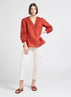 MAISON 123 TALE - Orange Loose-fit Embroidered Cotton V-neck Blouse 12 MAISON 123 TALE - Orange Loose-fit Embroidered Cotton V-neck Blouse -Morganmai Store 4245092