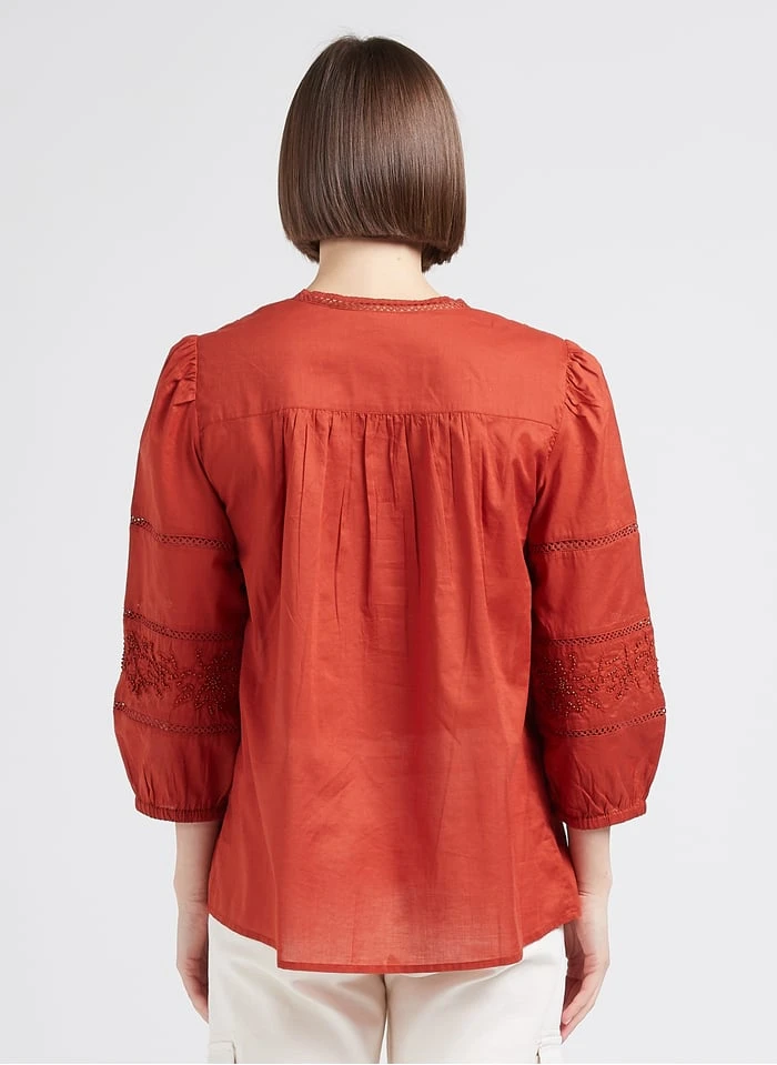MAISON 123 TALE - Orange Loose-fit Embroidered Cotton V-neck Blouse 2 MAISON 123 TALE - Orange Loose-fit Embroidered Cotton V-neck Blouse - Image 2