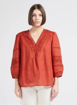 MAISON 123 TALE - Orange Loose-fit Embroidered Cotton V-neck Blouse