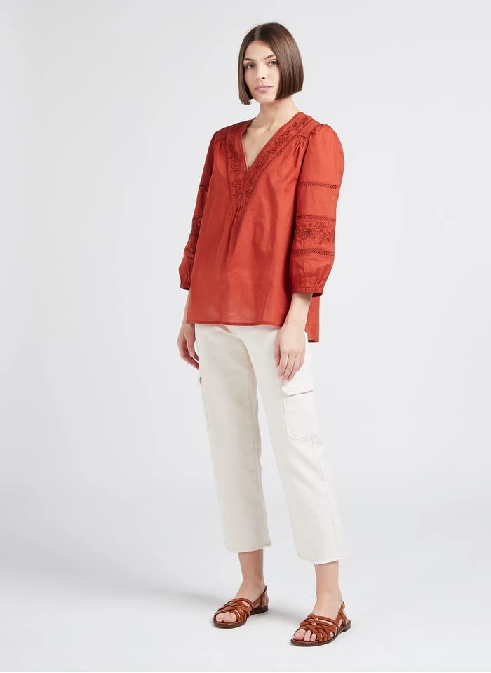 MAISON 123 TALE - Orange Loose-fit Embroidered Cotton V-neck Blouse 4 MAISON 123 TALE - Orange Loose-fit Embroidered Cotton V-neck Blouse - Image 4