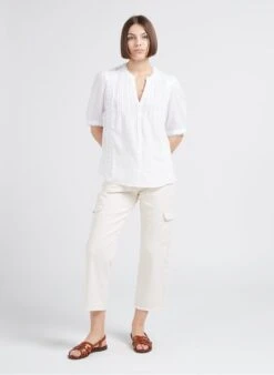 MAISON 123 TORA - White Cotton Gauze Henley Blouse -Morganmai Store 4245099
