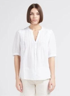 MAISON 123 TORA - White Cotton Gauze Henley Blouse