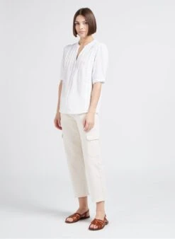 MAISON 123 TORA - White Cotton Gauze Henley Blouse -Morganmai Store 4245102