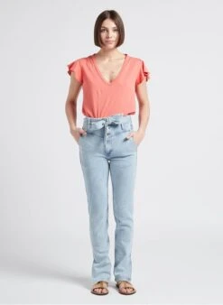 BERENICE ENAE - Red Cotton T-shirt With Short Ruffled Sleeves -Morganmai Store 4245285