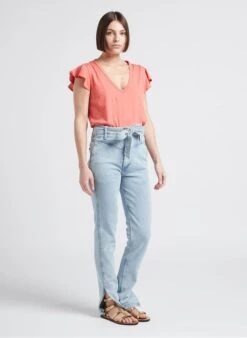 BERENICE ENAE - Red Cotton T-shirt With Short Ruffled Sleeves -Morganmai Store 4245288