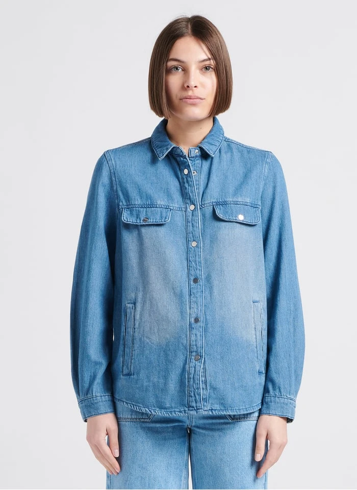 MAISON 123 FANILO - Faded Jeans Chemise Col Classique En Denim De Coton 1 MAISON 123 FANILO - Faded Jeans Chemise Col Classique En Denim De Coton