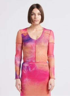 Please Pink Top Col Rond Imprimé En Mesh