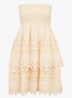 BERENICE RINLEY - Beige Short Strapless Embroidered Cotton Dress -Morganmai Store 4268457