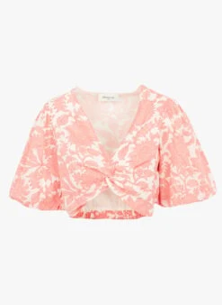 BERENICE TOMA - Pink Cropped Printed Knotted V-neck Top