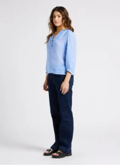 MAISON 123 THALIE - Blue Cotton Henley Blouse -Morganmai Store 4281400