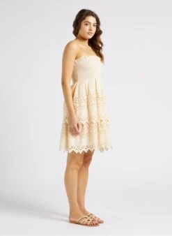 BERENICE RINLEY - Beige Short Strapless Embroidered Cotton Dress -Morganmai Store 4281643