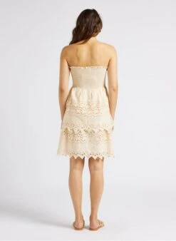 BERENICE RINLEY - Beige Short Strapless Embroidered Cotton Dress -Morganmai Store 4281644